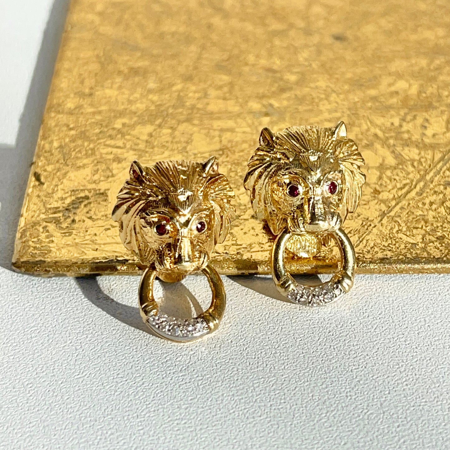 Estate 14KT Yellow Gold Ruby Eye Lion + Pave Diamond Omega Back Earrings