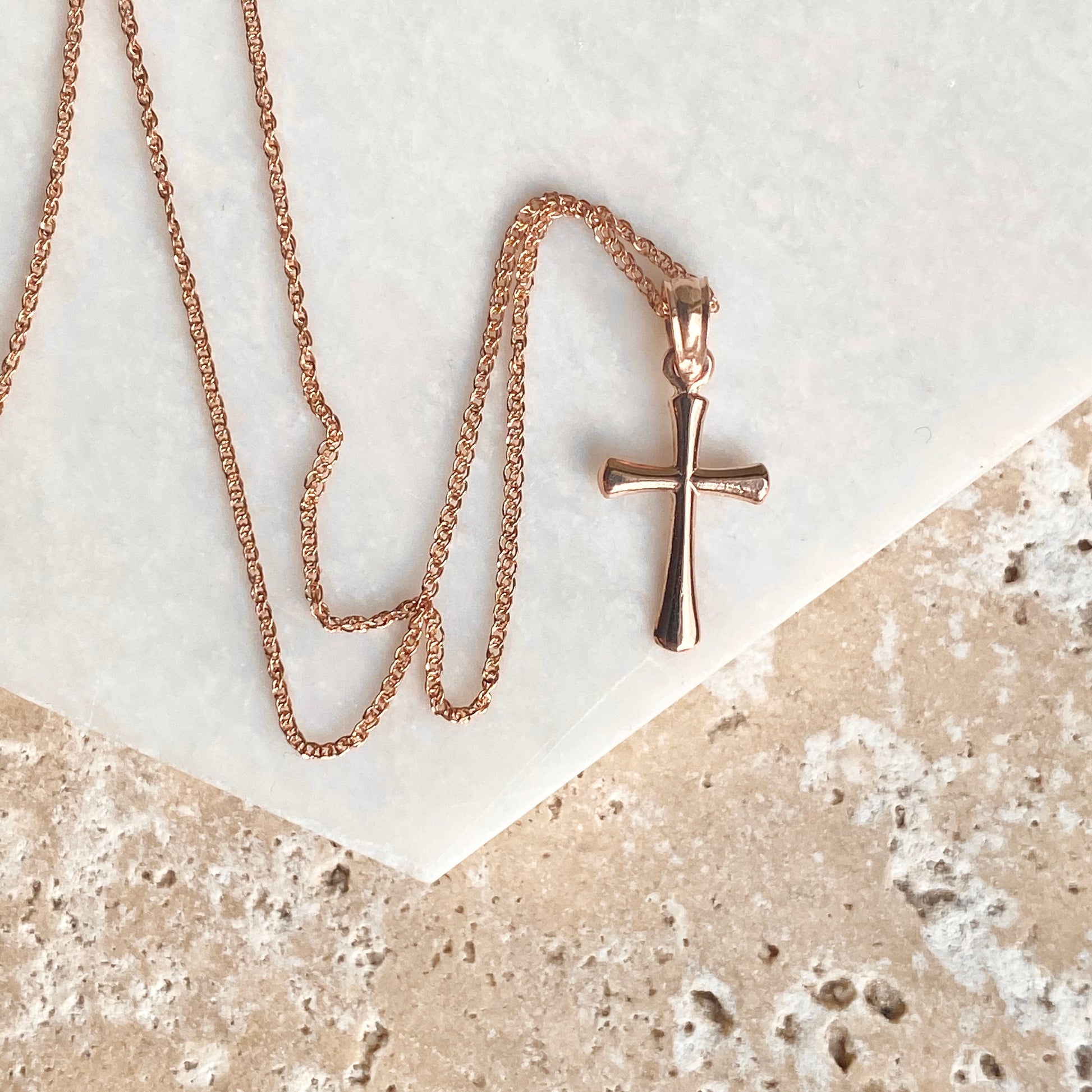 14KT Rose Gold Beveled Cross Pendant Chain Necklace, 14KT Rose Gold Beveled Cross Pendant Chain Necklace - Legacy Saint Jewelry