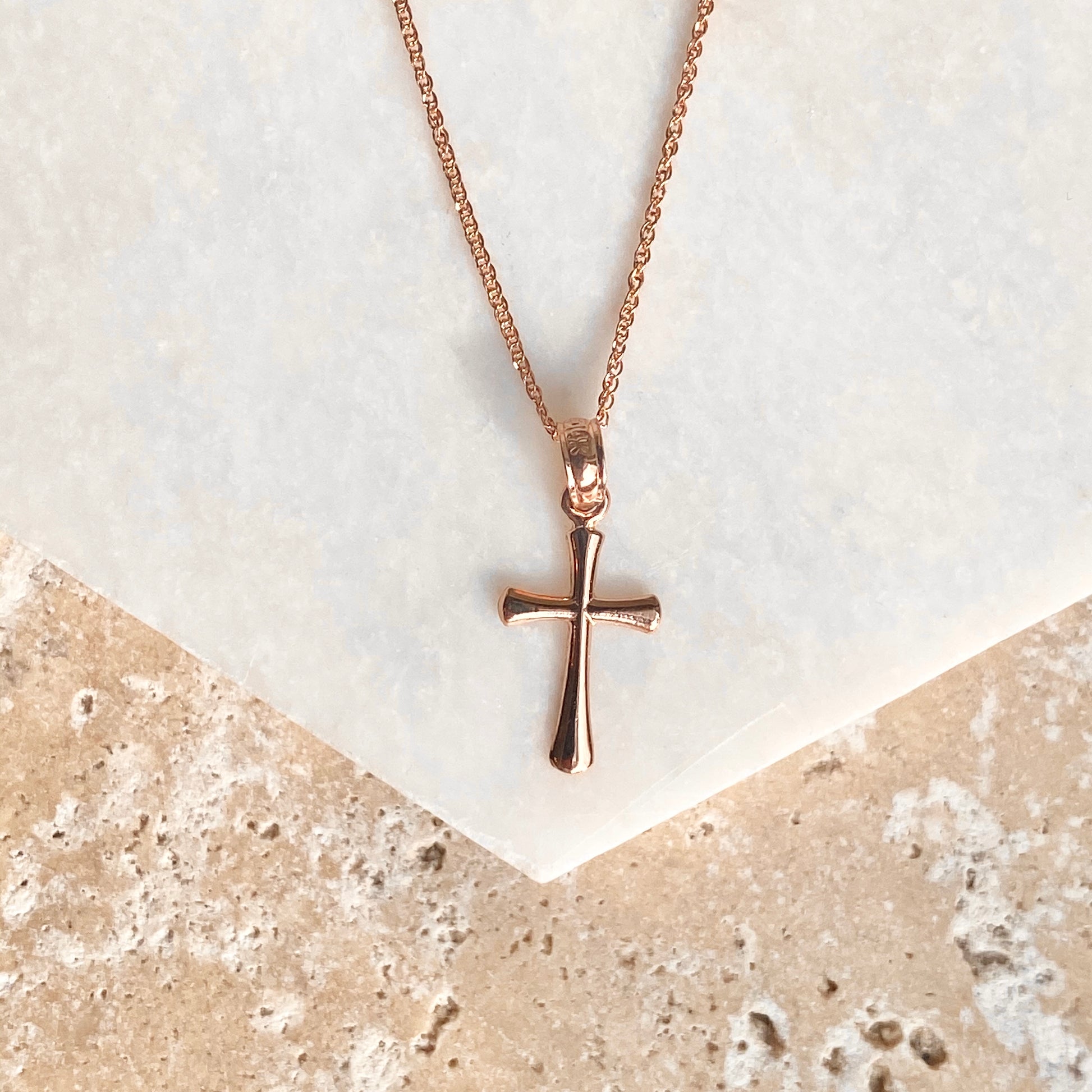 14KT Rose Gold Beveled Cross Pendant Chain Necklace, 14KT Rose Gold Beveled Cross Pendant Chain Necklace - Legacy Saint Jewelry