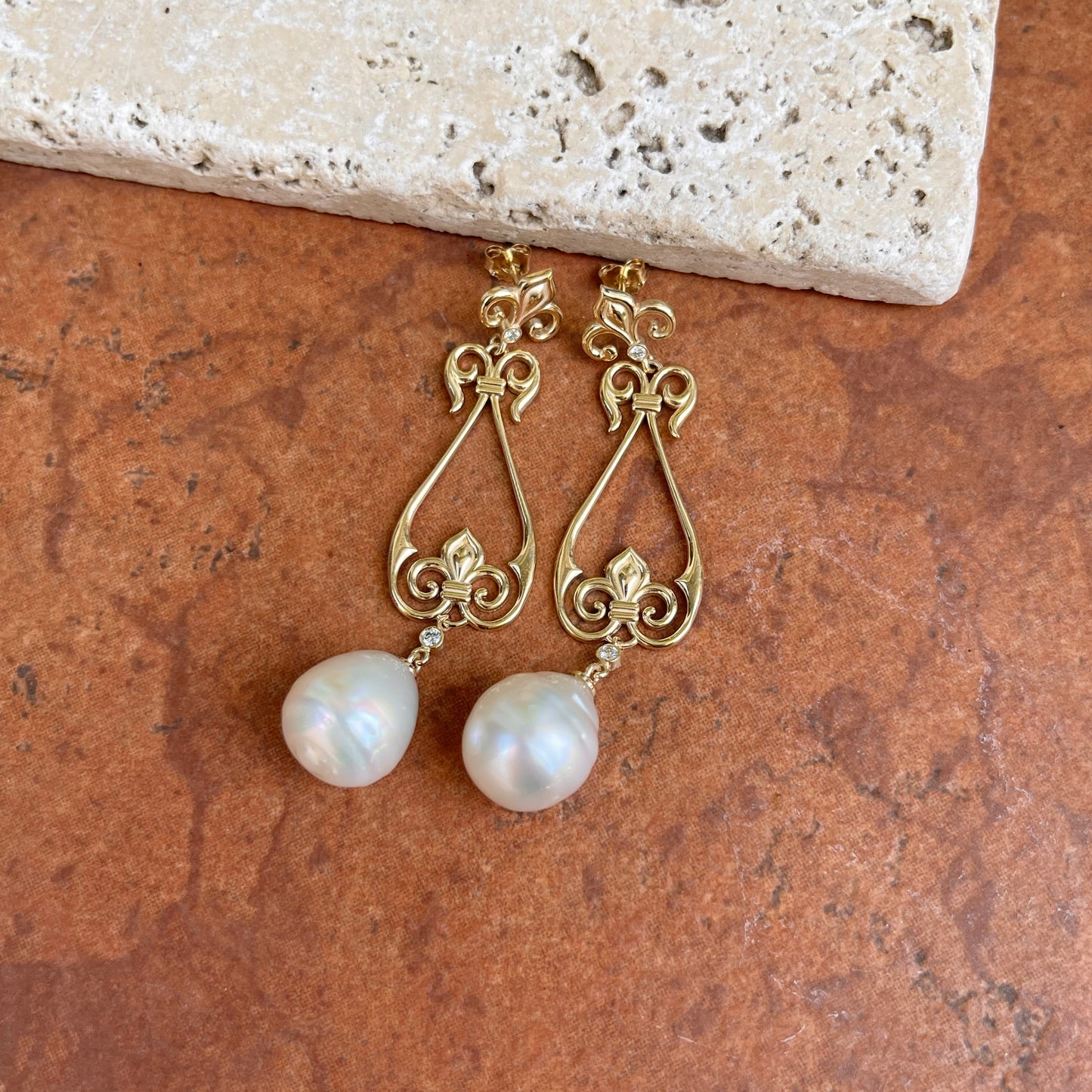 14KT Yellow Gold Paspaley South Sea Pearl + Diamond Fleur de Lis Dangle Earrings
