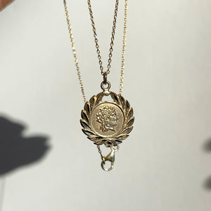 14KT Yellow Gold Leaf Frame Roman Coin Disc Pendant Necklace