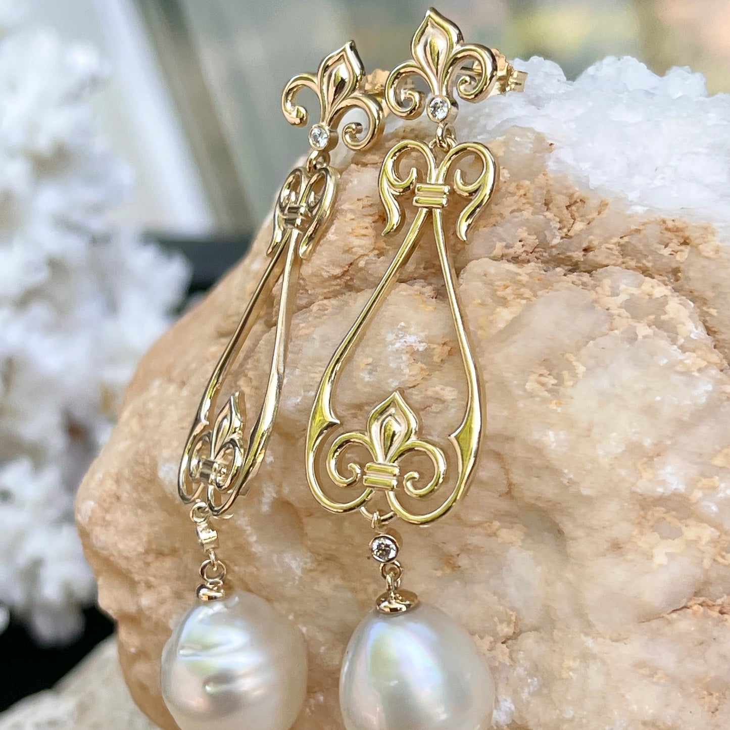 14KT Yellow Gold Paspaley South Sea Pearl + Diamond Fleur de Lis Dangle Earrings