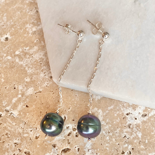 Sterling Silver Black Freshwater Cultured Pearl Dangle Earrings, Sterling Silver Black Freshwater Cultured Pearl Dangle Earrings - Legacy Saint Jewelry