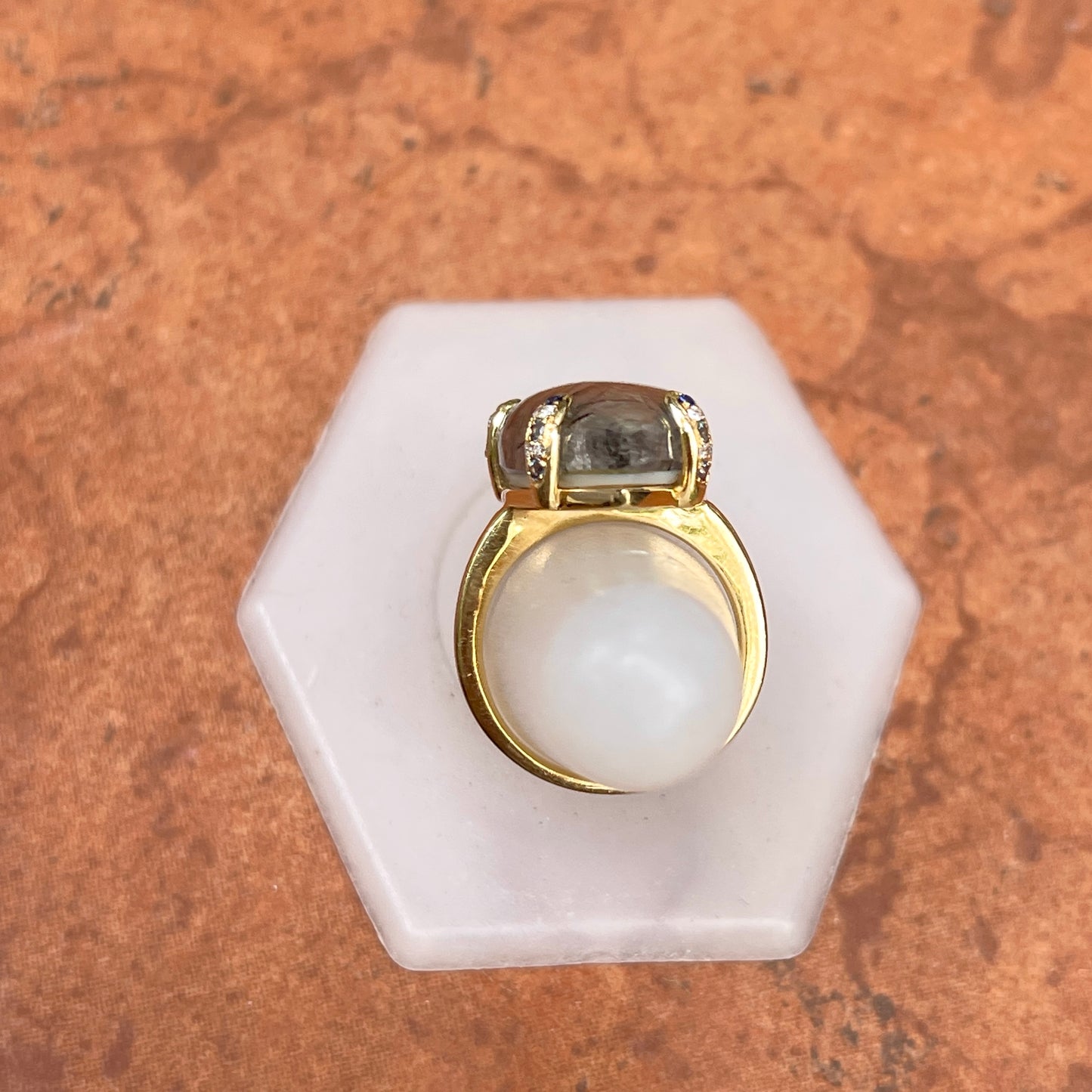 Estate 18KT Yellow Gold Teardrop Rutilated Quartz, Blue Sapphire, + Diamond Ring