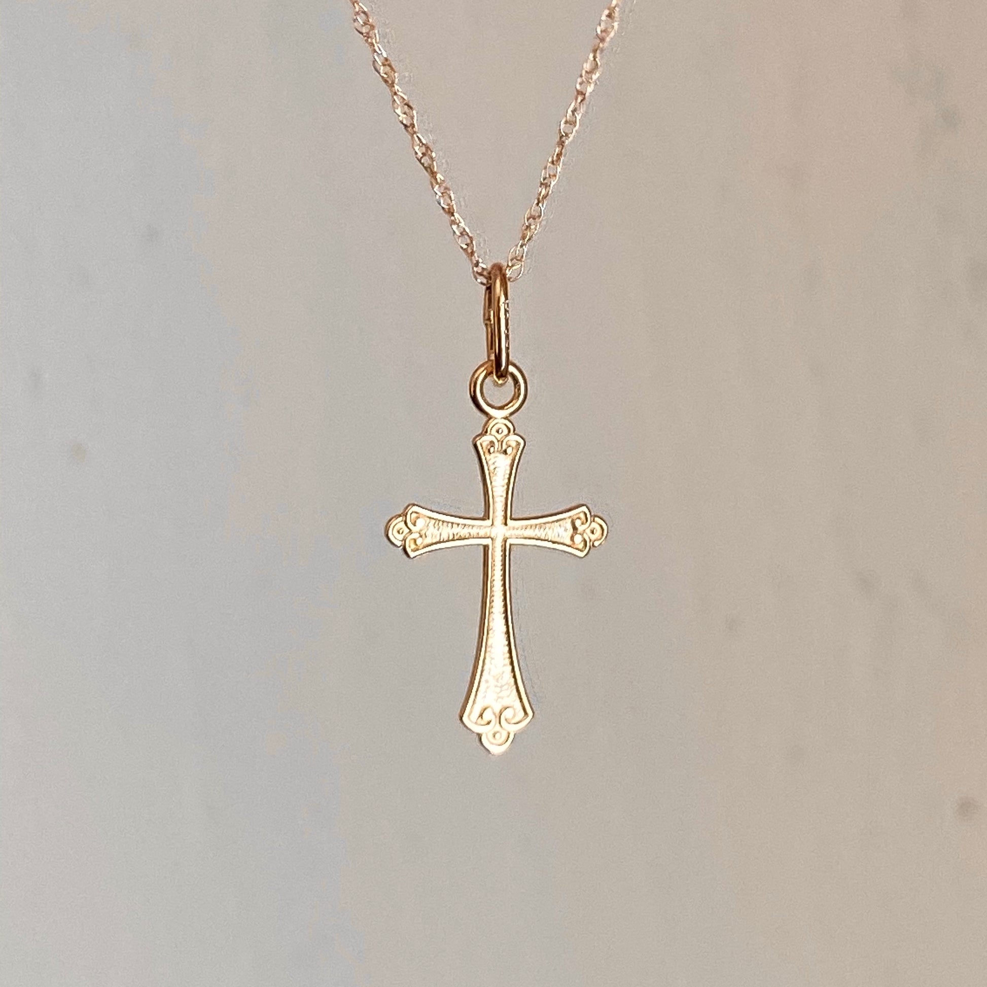 14KT Yellow Gold Textured Small Cross Pendant Chain Necklace, 14KT Yellow Gold Textured Small Cross Pendant Chain Necklace - Legacy Saint Jewelry