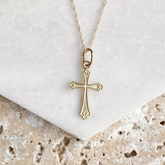 14KT Yellow Gold Textured Small Cross Pendant Chain Necklace, 14KT Yellow Gold Textured Small Cross Pendant Chain Necklace - Legacy Saint Jewelry