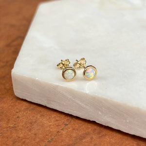 14KT Yellow Gold Mini Bezel Lab Opal Stud Earrings