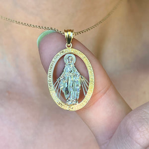 14KT Yellow Gold + White Rhodium Miraculous Medal Pendant 25mm