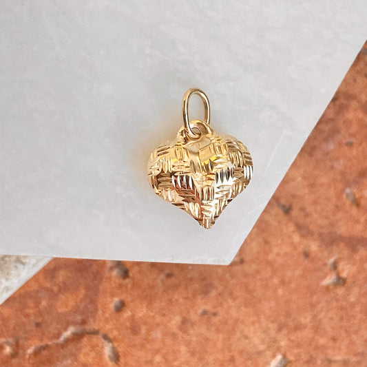 14KT Yellow Gold Basket Weave Pattern 3-D Heart Pendant Charm, 14KT Yellow Gold Basket Weave Pattern 3-D Heart Pendant Charm - Legacy Saint Jewelry