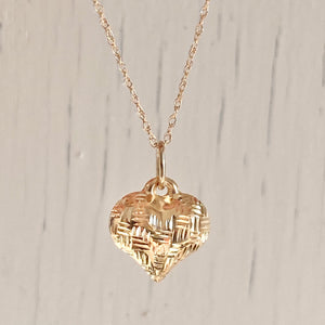14KT Yellow Gold Basket Weave Pattern 3-D Heart Pendant Charm, 14KT Yellow Gold Basket Weave Pattern 3-D Heart Pendant Charm - Legacy Saint Jewelry