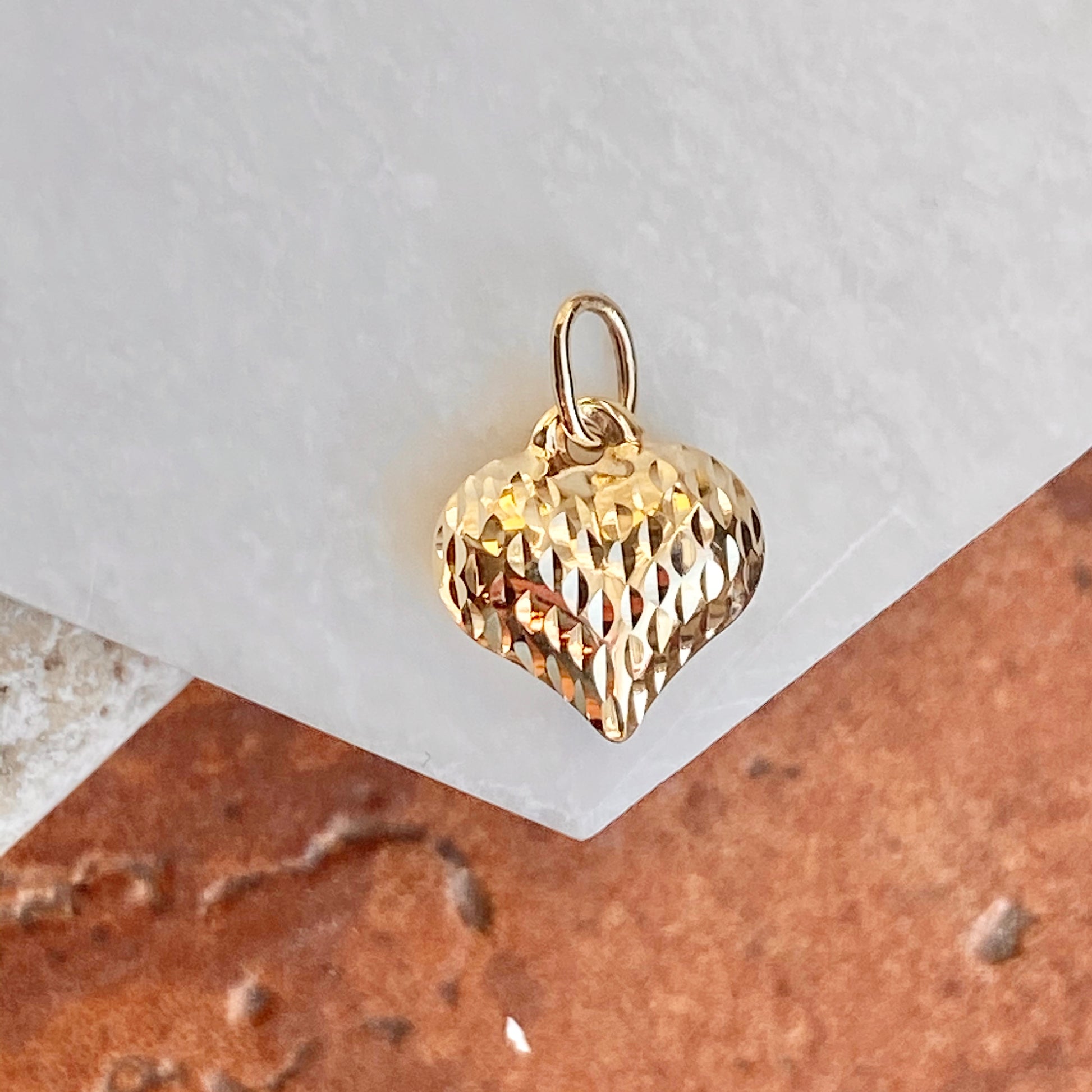 14KT Yellow Gold Textured Diamond-Cut 3-D Heart Pendant Charm, 14KT Yellow Gold Textured Diamond-Cut 3-D Heart Pendant Charm - Legacy Saint Jewelry