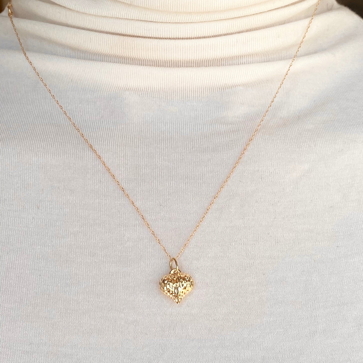 14KT Yellow Gold Textured Diamond-Cut 3-D Heart Pendant Chain Necklace, 14KT Yellow Gold Textured Diamond-Cut 3-D Heart Pendant Chain Necklace - Legacy Saint Jewelry