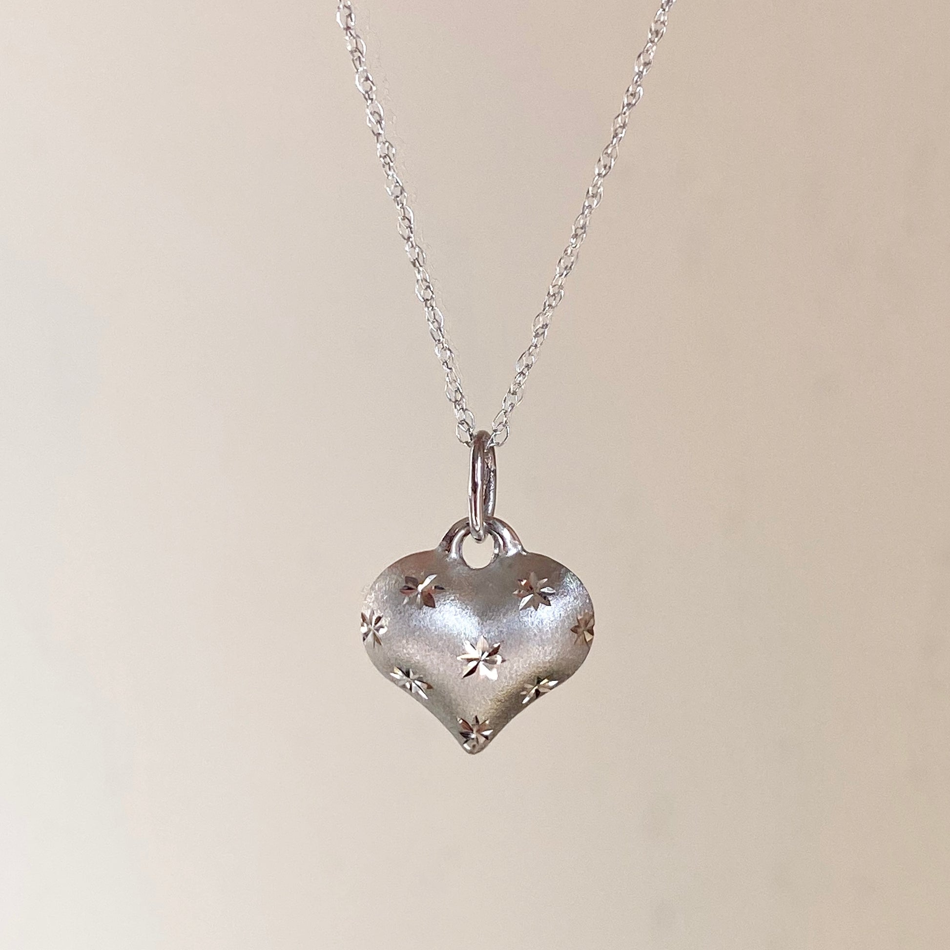 14KT White Gold Satin Diamond-Cut 3-D Heart Pendant Charm, 14KT White Gold Satin Diamond-Cut 3-D Heart Pendant Charm - Legacy Saint Jewelry