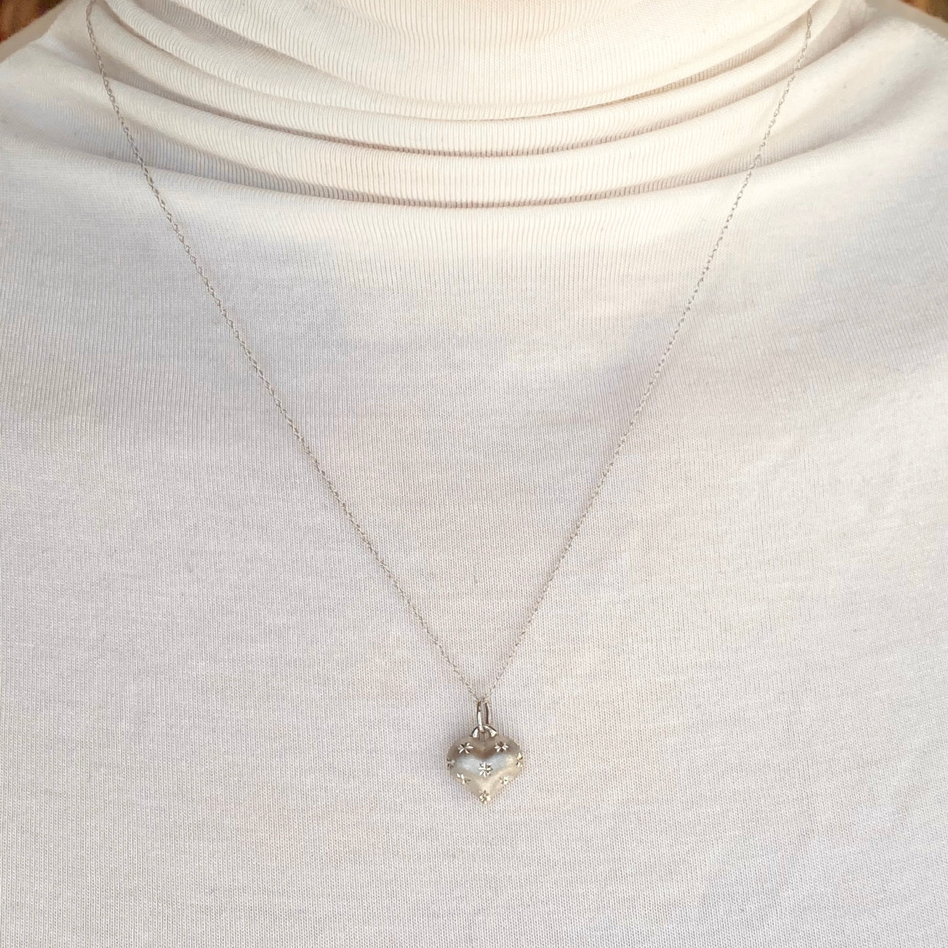 14KT White Gold Satin Diamond-Cut 3-D Heart Pendant Chain Necklace, 14KT White Gold Satin Diamond-Cut 3-D Heart Pendant Chain Necklace - Legacy Saint Jewelry