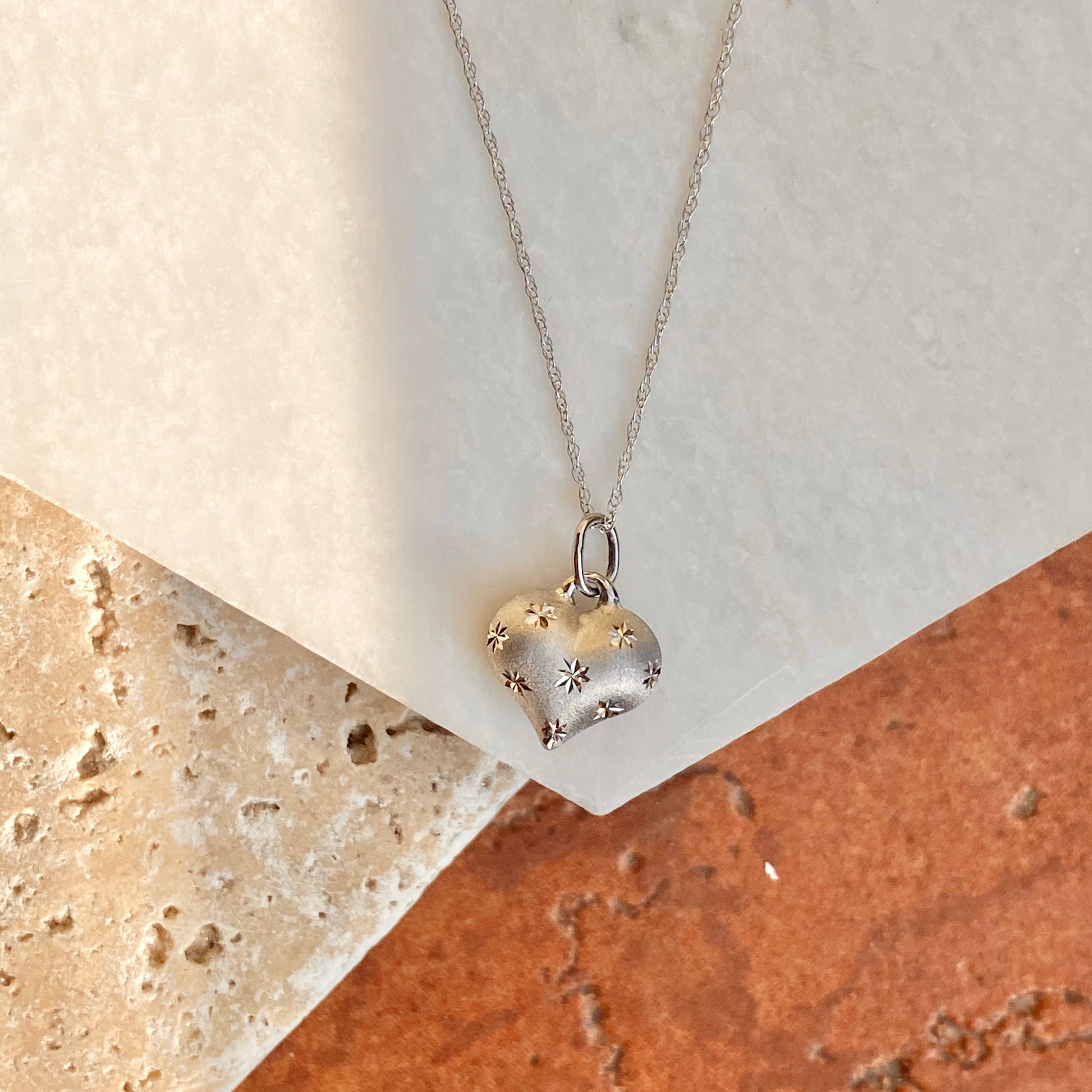 14KT White Gold Satin Diamond-Cut 3-D Heart Pendant Chain Necklace, 14KT White Gold Satin Diamond-Cut 3-D Heart Pendant Chain Necklace - Legacy Saint Jewelry