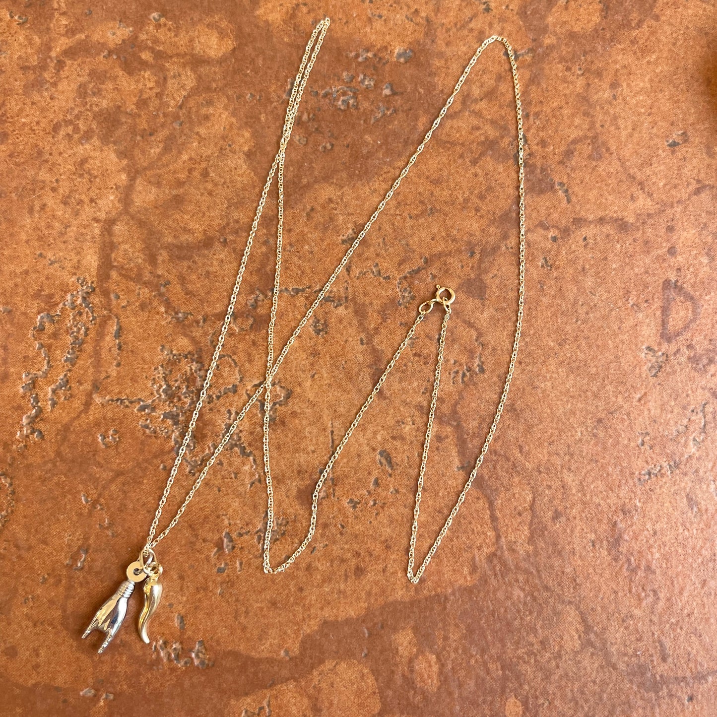 14KT Yellow Gold + White Gold 20mm Mano Cornuto + Corno Italian Horn Pendants Chain Necklace