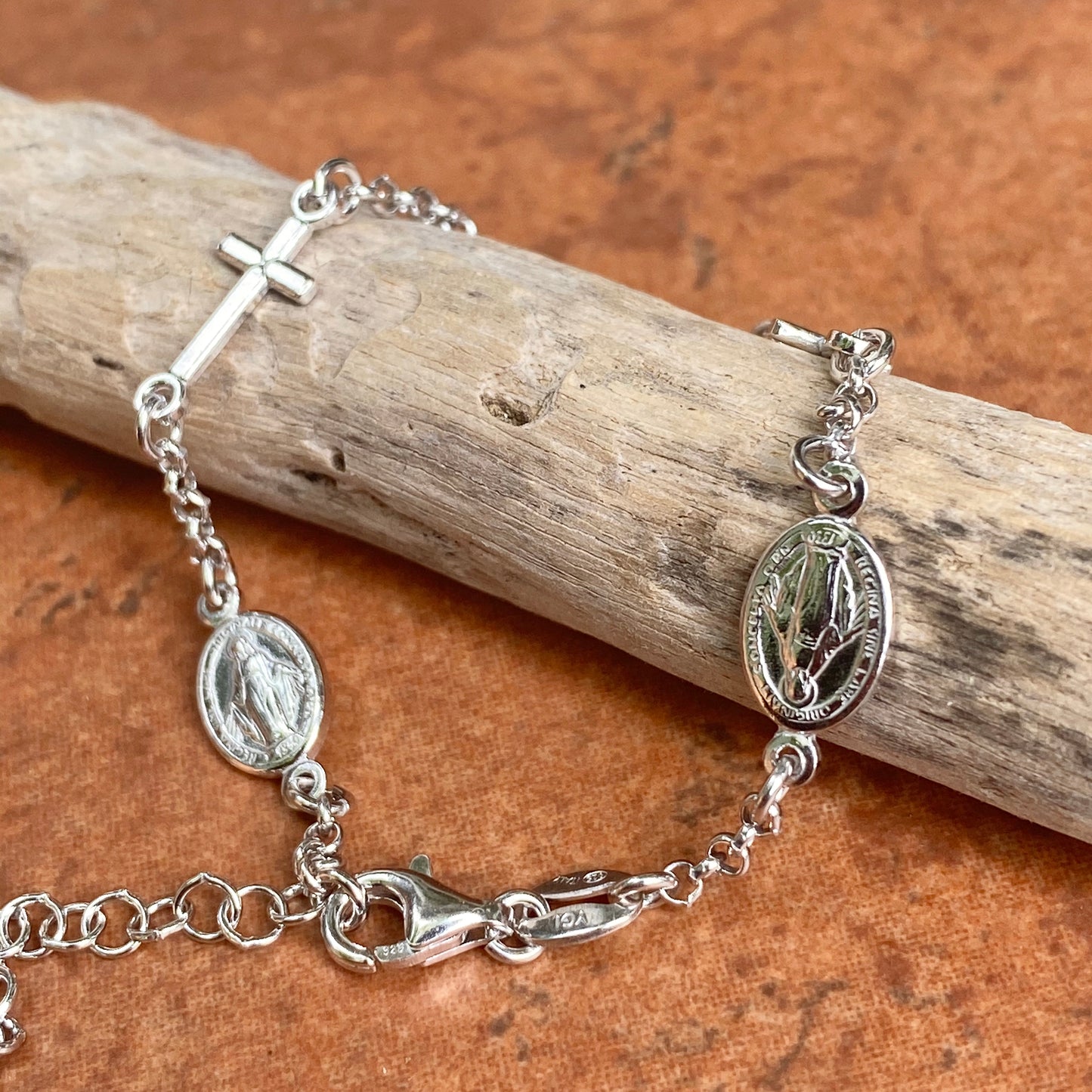 Sterling Silver Cross + Miraculous Medal Rosary Chain Bracelet