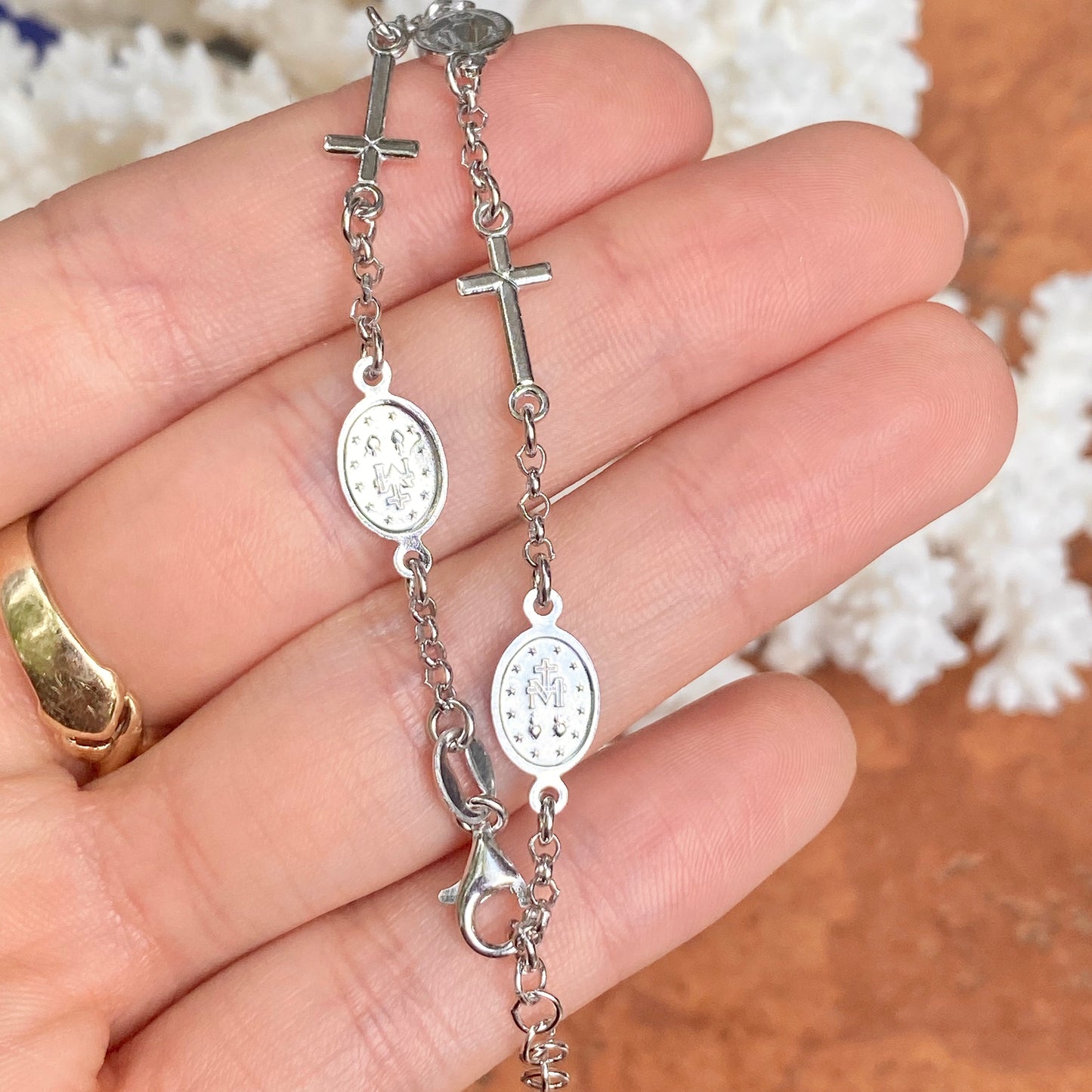 Sterling Silver Cross + Miraculous Medal Rosary Chain Bracelet