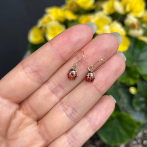 14KT Yellow Gold Mini Red Ladybug Dangle Earrings