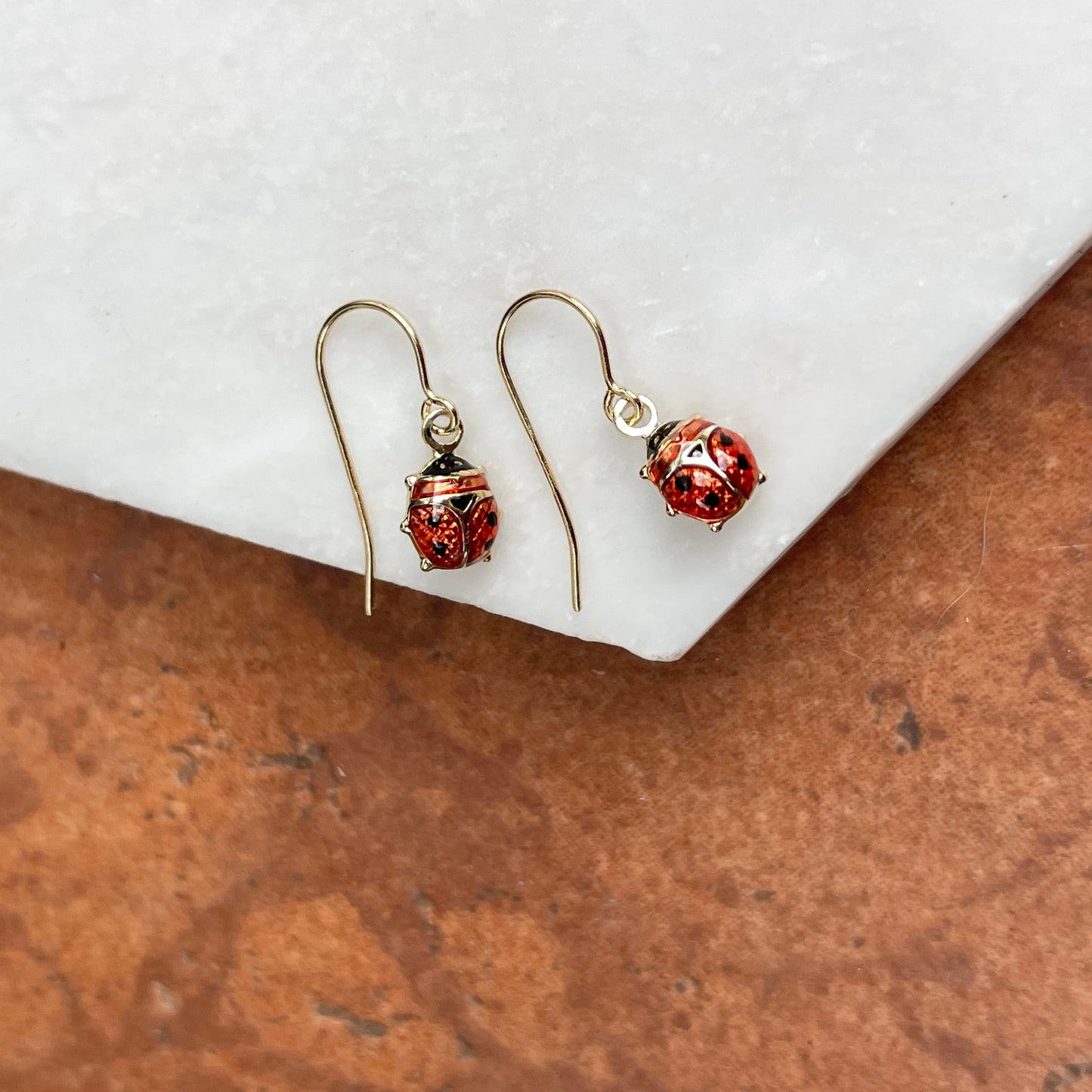 14KT Yellow Gold Mini Red Ladybug Dangle Earrings