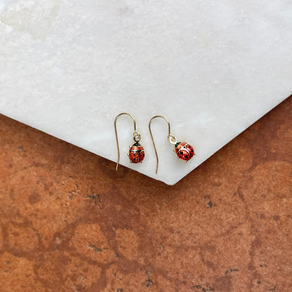 14KT Yellow Gold Mini Red Ladybug Dangle Earrings