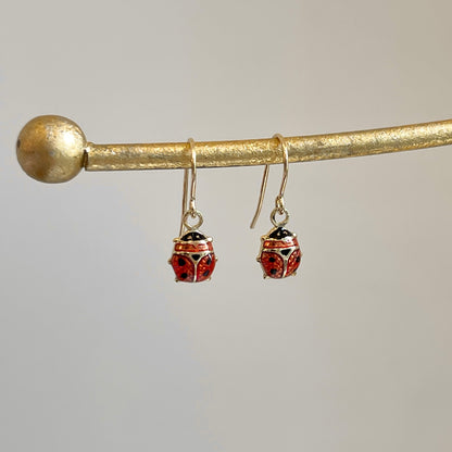 14KT Yellow Gold Mini Red Ladybug Dangle Earrings