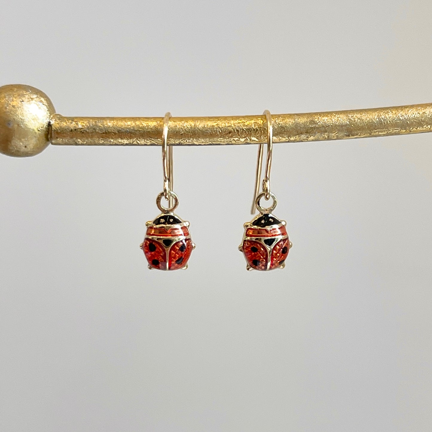 14KT Yellow Gold Mini Red Ladybug Dangle Earrings