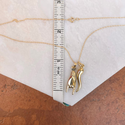 14KT Yellow Gold 25mm Mano Cornuto + Corno Italian Horn Pendants Chain Necklace