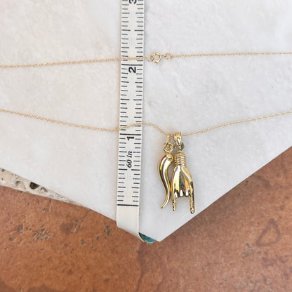 14KT Yellow Gold 30mm Mano Cornuto + Corno Italian Horn Pendants Chain Necklace