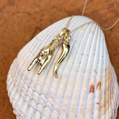 14KT Yellow Gold 30mm Mano Cornuto + Corno Italian Horn Pendants Chain Necklace