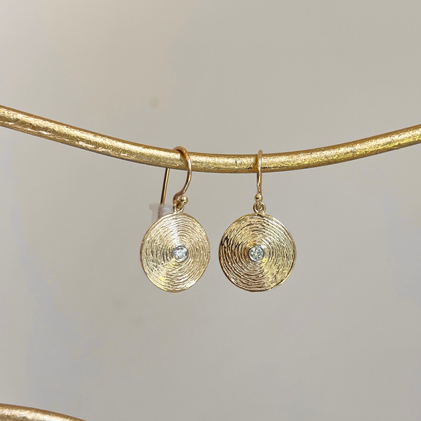 14KT Yellow Gold Textured Disc Bezel Diamond Dangle Earrings