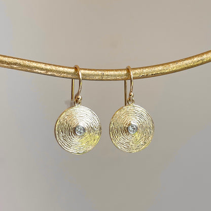 14KT Yellow Gold Textured Disc Bezel Diamond Dangle Earrings