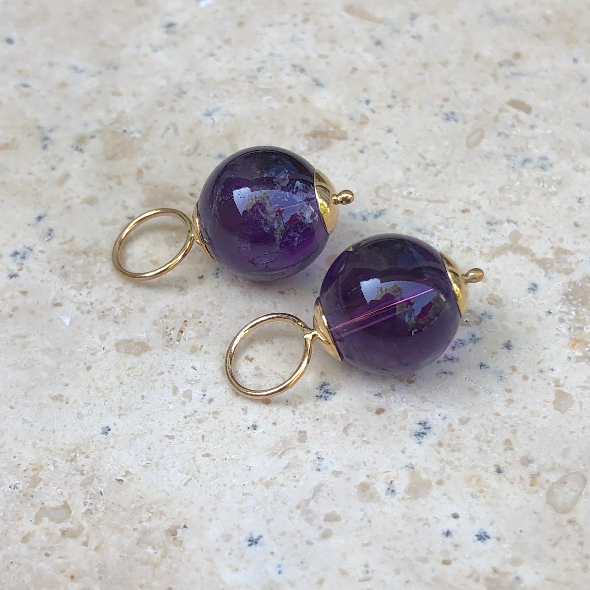 14KT Yellow Gold + Amethyst Ball Earring Charms, 14KT Yellow Gold + Amethyst Ball Earring Charms - Legacy Saint Jewelry