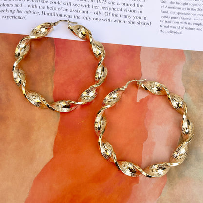 14KT Yellow Gold Twisted Greek Key Tube Hoop Earrings 54mm