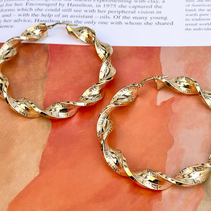 14KT Yellow Gold Twisted Greek Key Tube Hoop Earrings 54mm