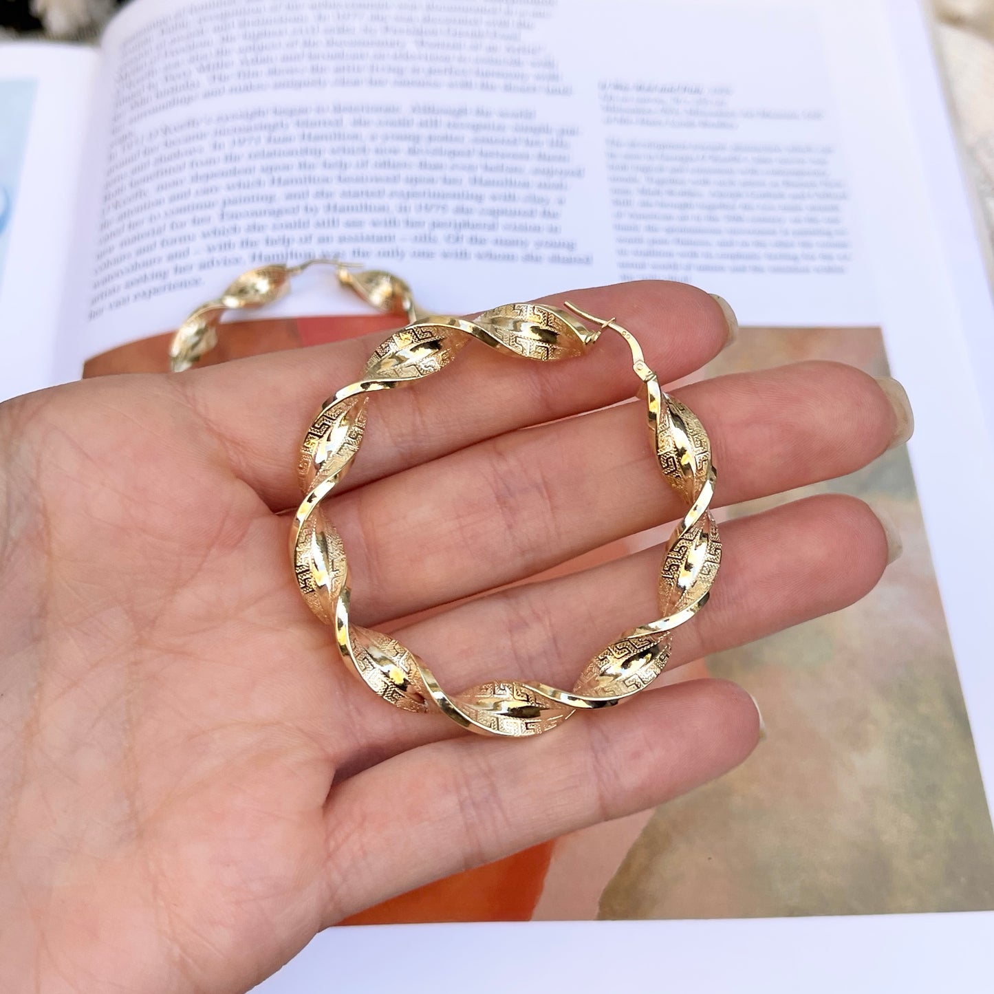 14KT Yellow Gold Twisted Greek Key Tube Hoop Earrings 54mm