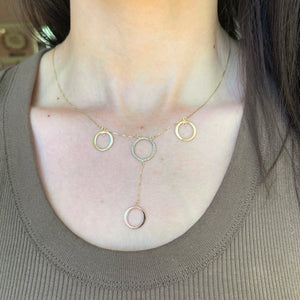 14KT Yellow Gold, Rose Gold + White Gold Circles Lariat Necklace