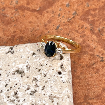 Estate 18KT Yellow Gold Oval 1 CT Blue Sapphire + Diamond Accent Ring