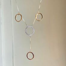Load image into Gallery viewer, 14KT Yellow Gold, Rose Gold + White Gold Circles Lariat Necklace