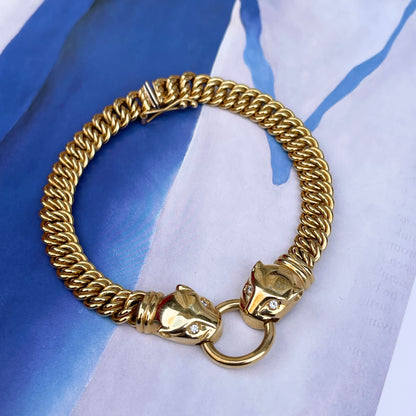 Estate 18KT Yellow Gold Double Panther Head Diamond Cuban Link Bracelet