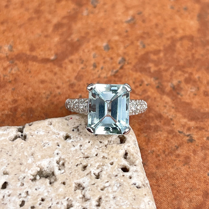 Estate 18KT White Gold 4.14 CT Emerald-Cut Aquamarine + Pave Diamond Ring