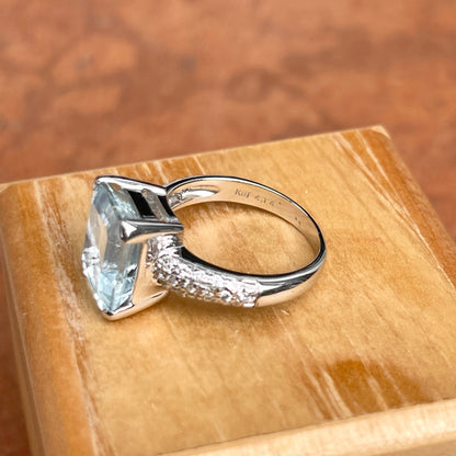 Estate 18KT White Gold 4.14 CT Emerald-Cut Aquamarine + Pave Diamond Ring