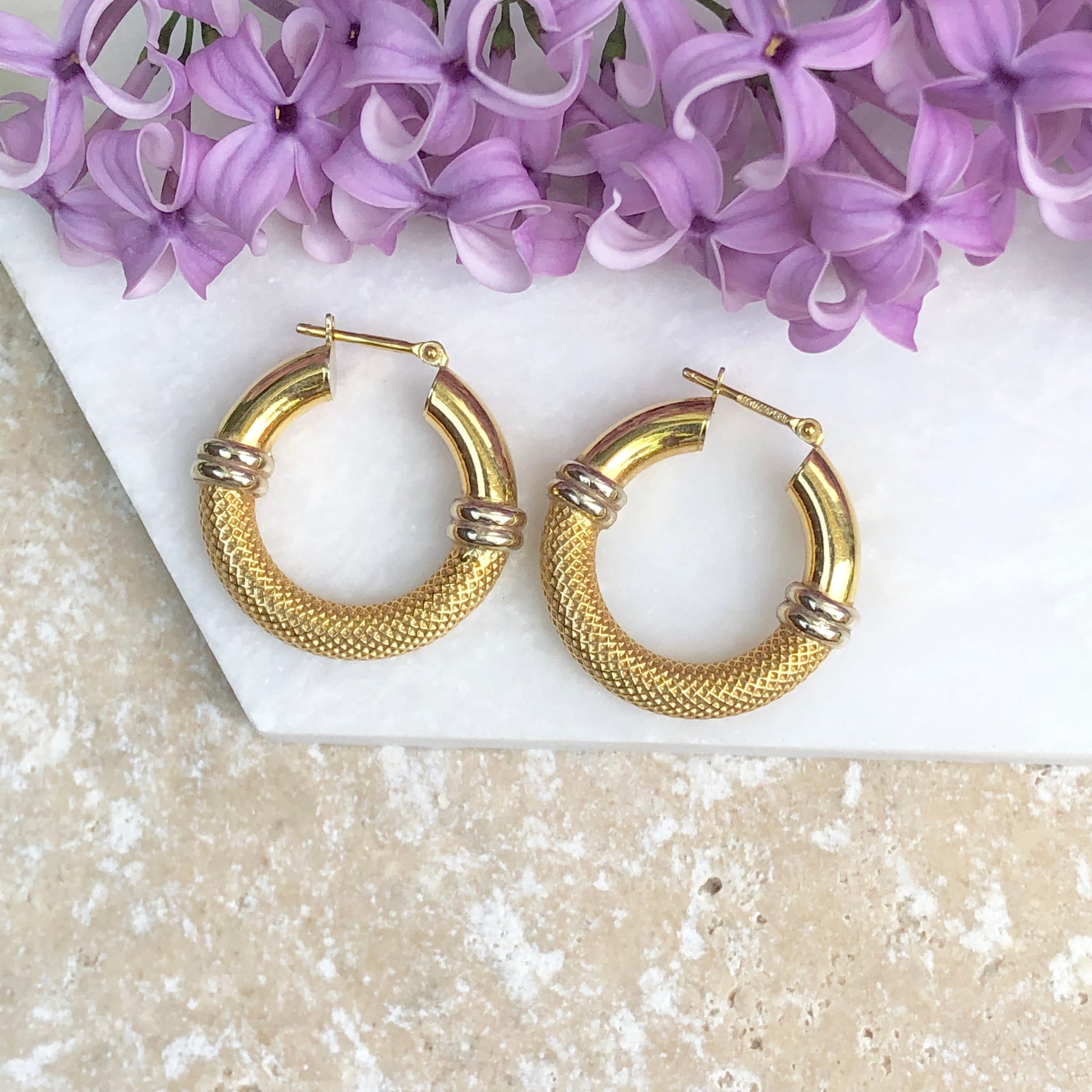 14KT Yellow Gold + White Gold Mesh Hoop Earrings, 14KT Yellow Gold + White Gold Mesh Hoop Earrings - Legacy Saint Jewelry