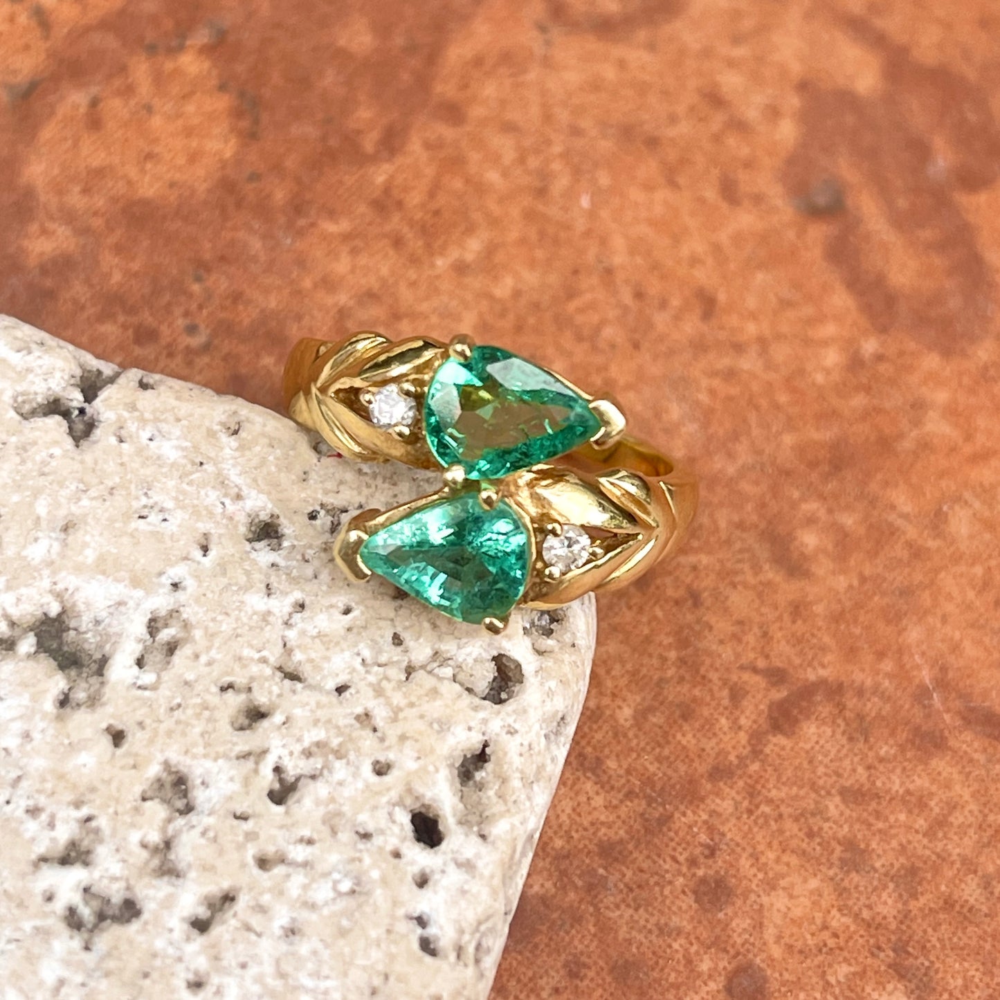 Estate 18KT Yellow Gold Double Pear Emerald + Diamond Bypass Ring