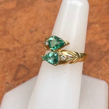 Estate 18KT Yellow Gold Double Pear Emerald + Diamond Bypass Ring