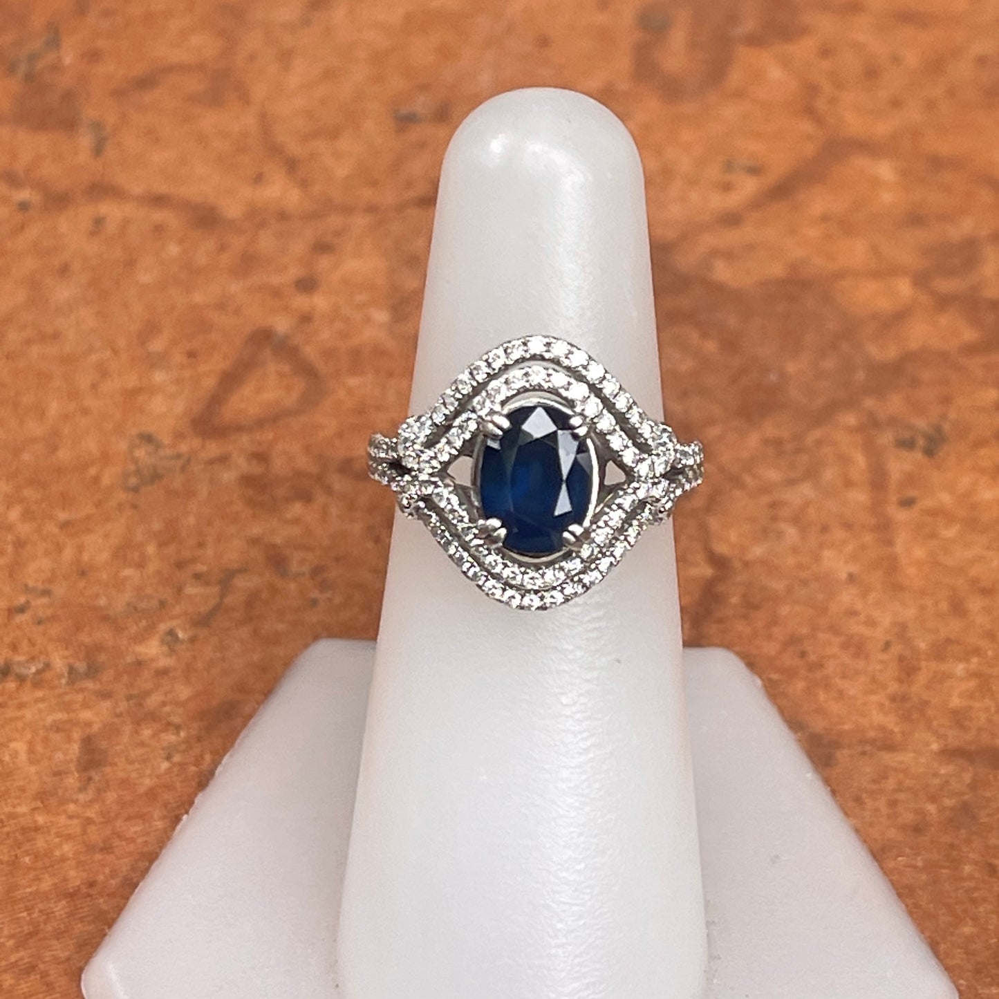 Estate 14KT White Gold Oval 1.82 CT Blue Sapphire + Double Diamond Halo Ring