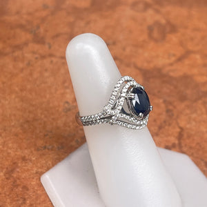 Estate 14KT White Gold Oval 1.82 CT Blue Sapphire + Double Diamond Halo Ring