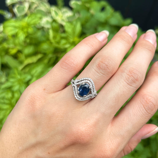Estate 14KT White Gold Oval 1.82 CT Blue Sapphire + Double Diamond Halo Ring - LSJ
