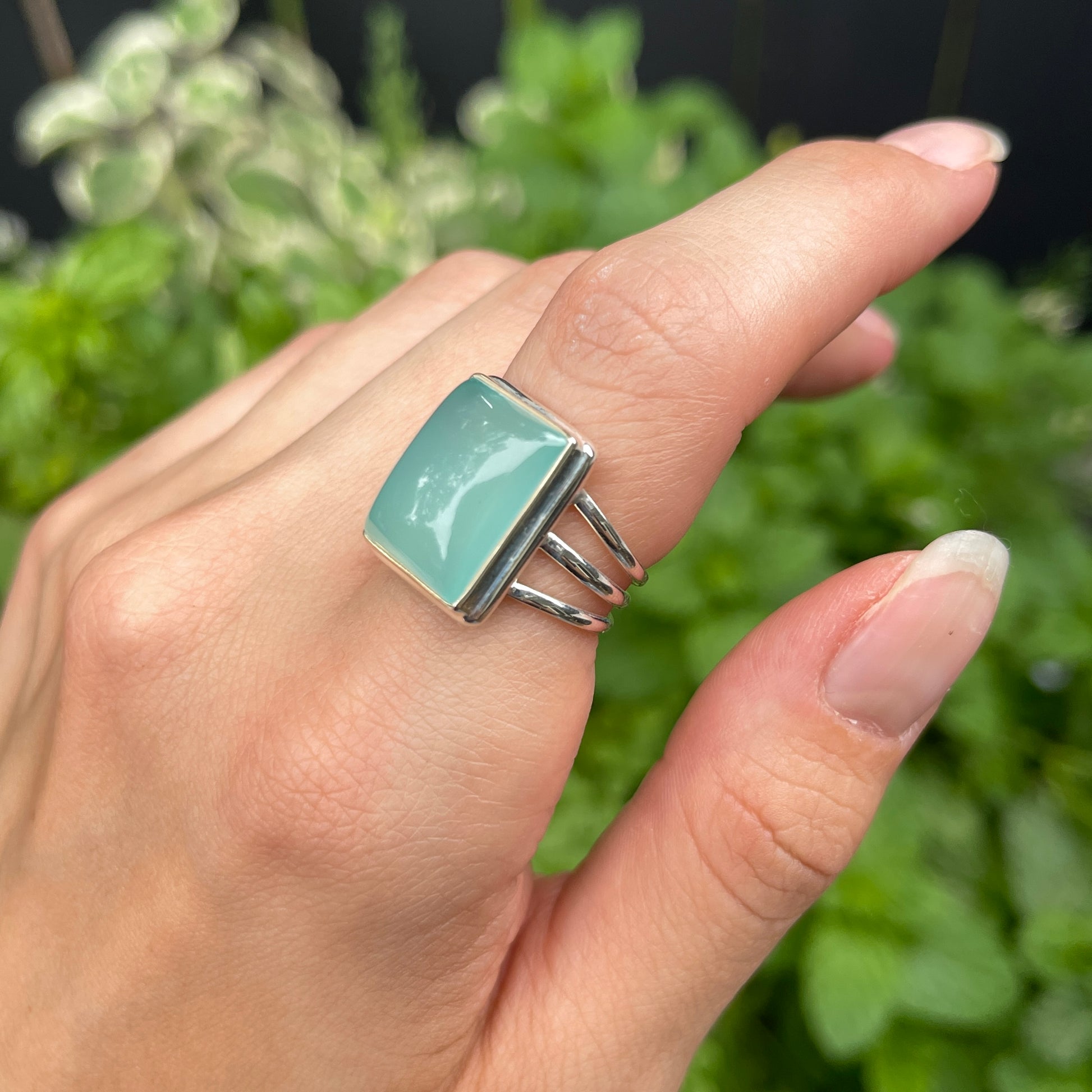 Sterling Silver Large Aqua Chalcedony Ring - LSJ
