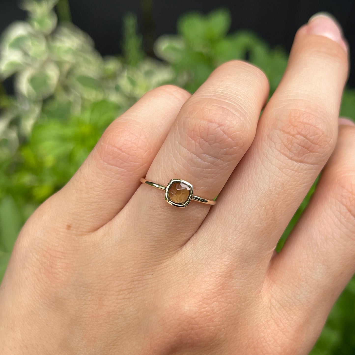 14KT Yellow Gold Bezel Cushion Beer Quartz Ring